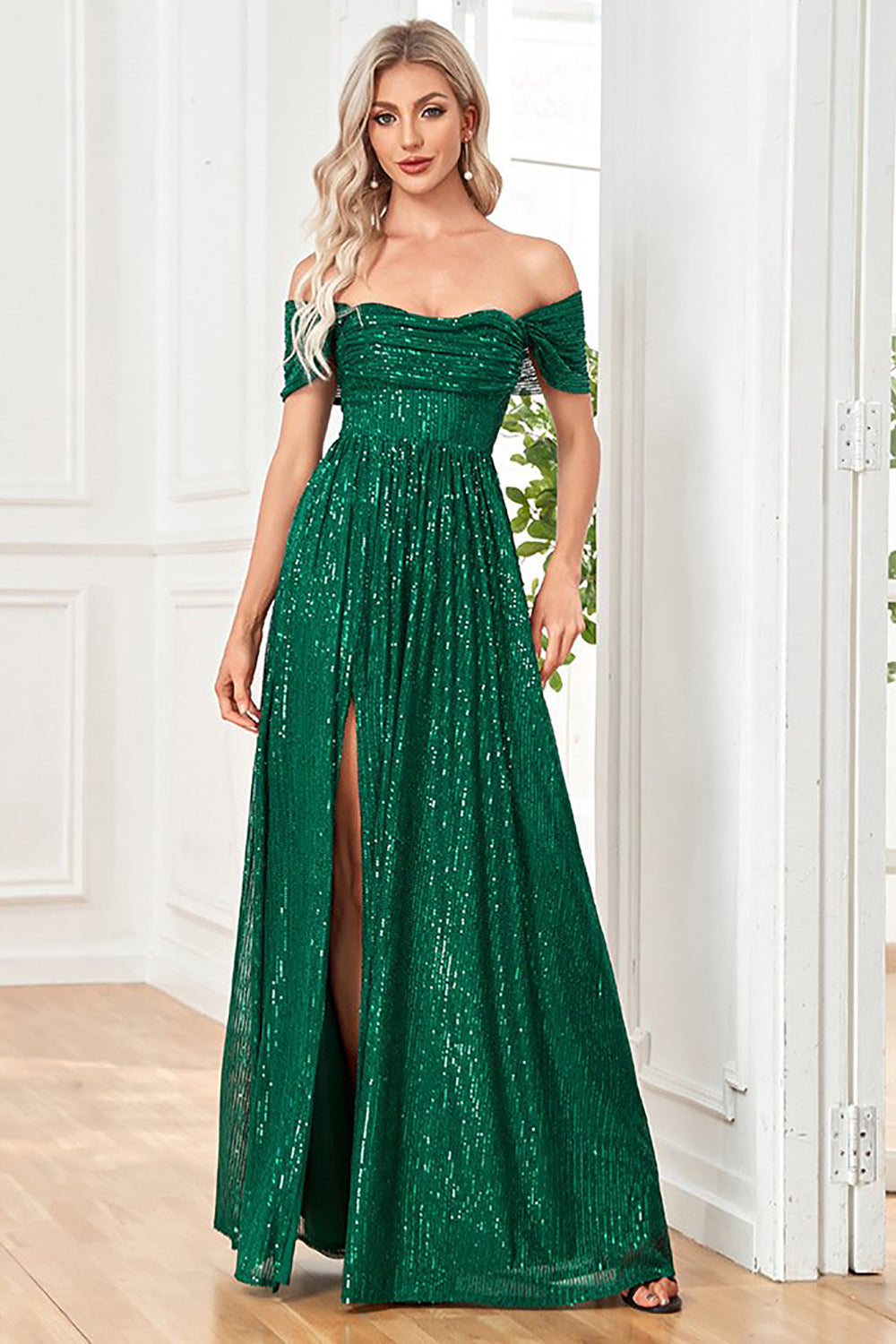 Sparkly Sequin Dark Green Off the Shoulder A Line Holiday Party Dress With Slit