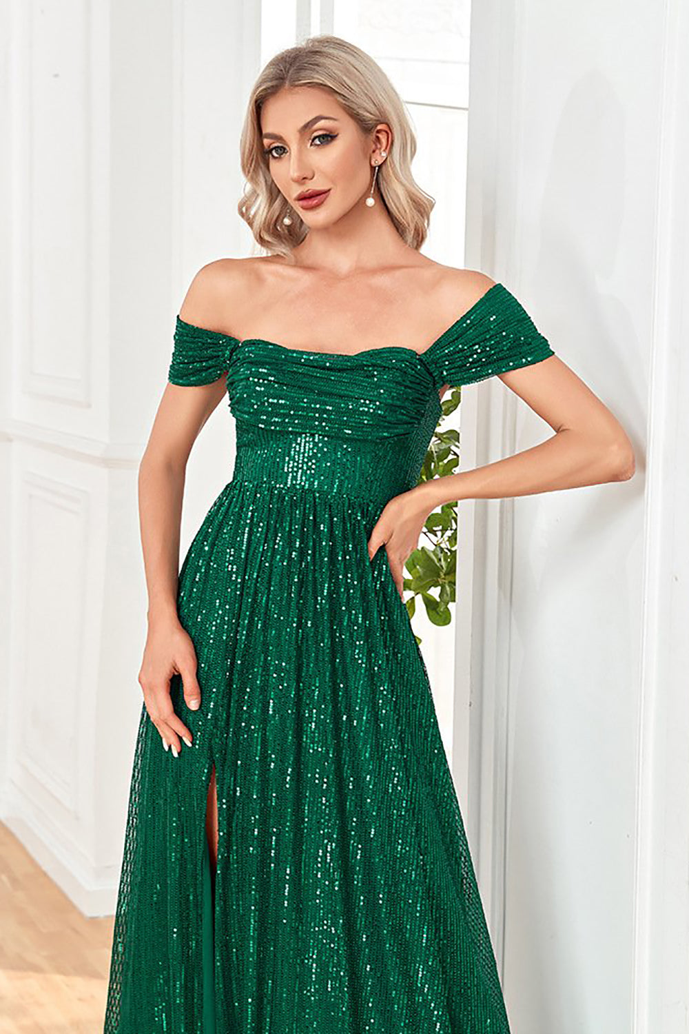 Sparkly Sequin Dark Green Off the Shoulder A Line Holiday Party Dress With Slit