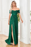 Sparkly Sequin Dark Green Off the Shoulder A Line Holiday Party Dress With Slit