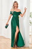 Sparkly Sequin Dark Green Off the Shoulder A Line Holiday Party Dress With Slit