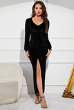 Black Velvet Long Sleeves Holiday Party Dress with Slit