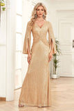 Champagne Sequins Sheath Formal Dress with Pleated