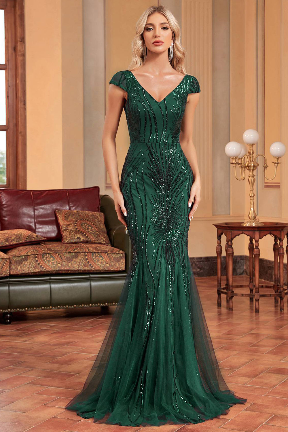 Dark Green Mermaid Sequins Formal Dress