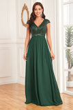 Dark Green V-neck A Line Formal Dress with Sequins