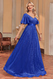 Royal Blue Sequins A-line Formal Dress with V-neck