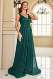 Sequins A Line V-neck Dark Green Formal Dress