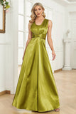 Satin Green Halter Formal Dress with Pleated