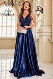 Navy Satin A-Line Formal Dress with Sequins