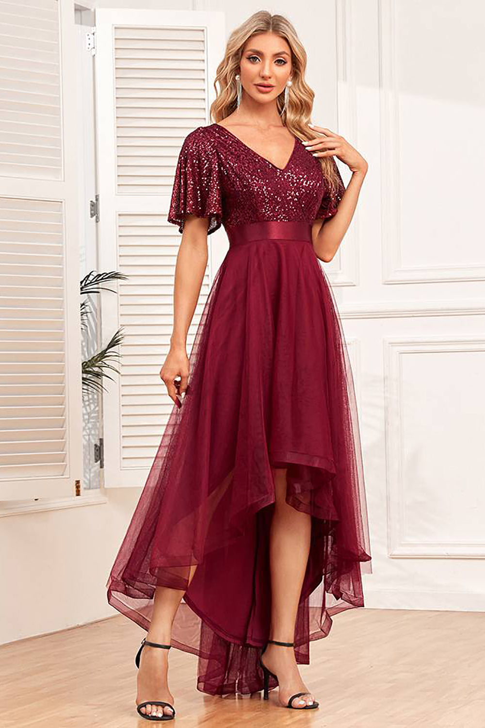 Burgundy High-low A-line Formal Dress with Sequins