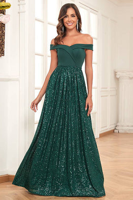 A-Line Off the Shoulder Dark Green Prom Dress With Sequins