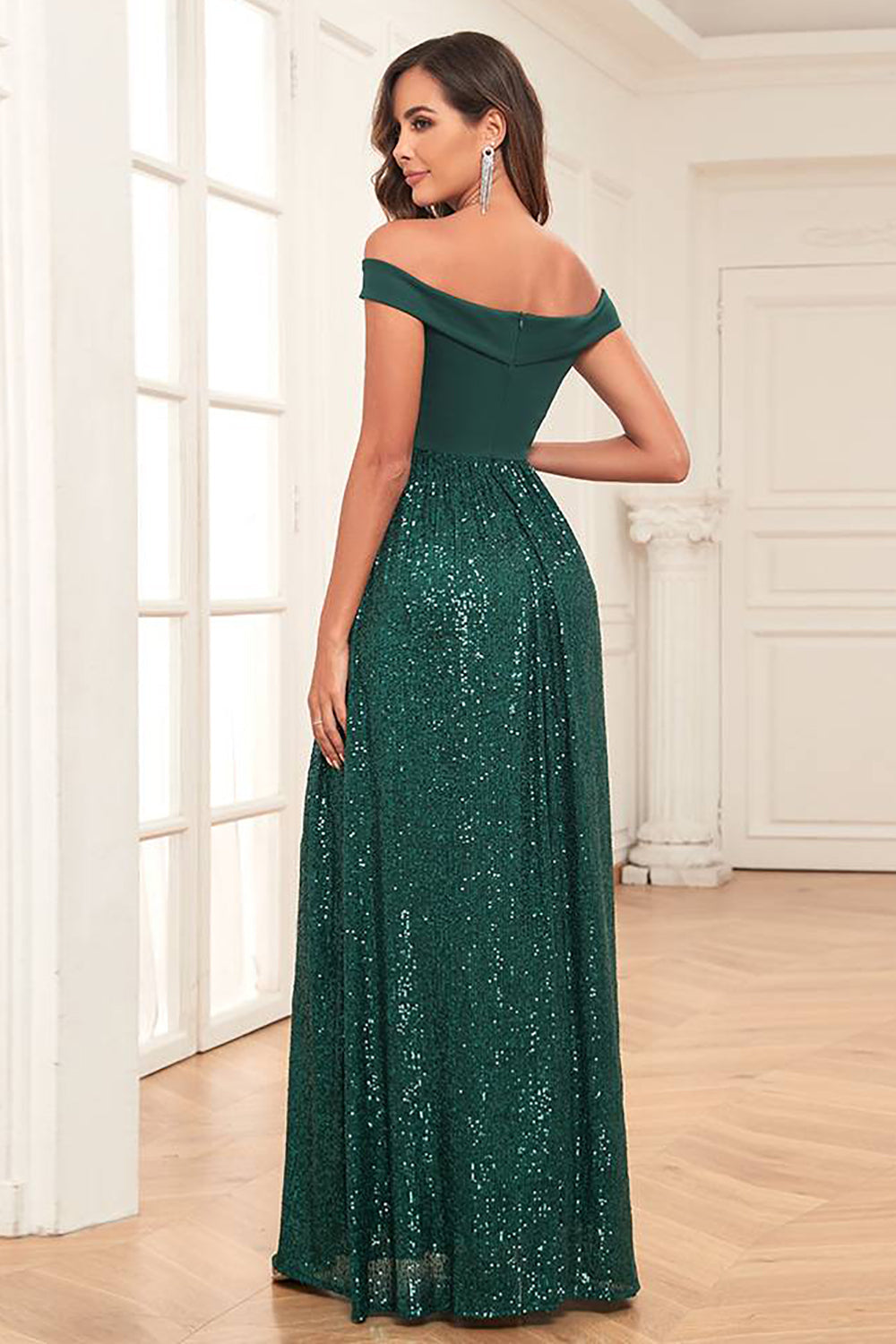 A-Line Off the Shoulder Dark Green Prom Dress With Sequins