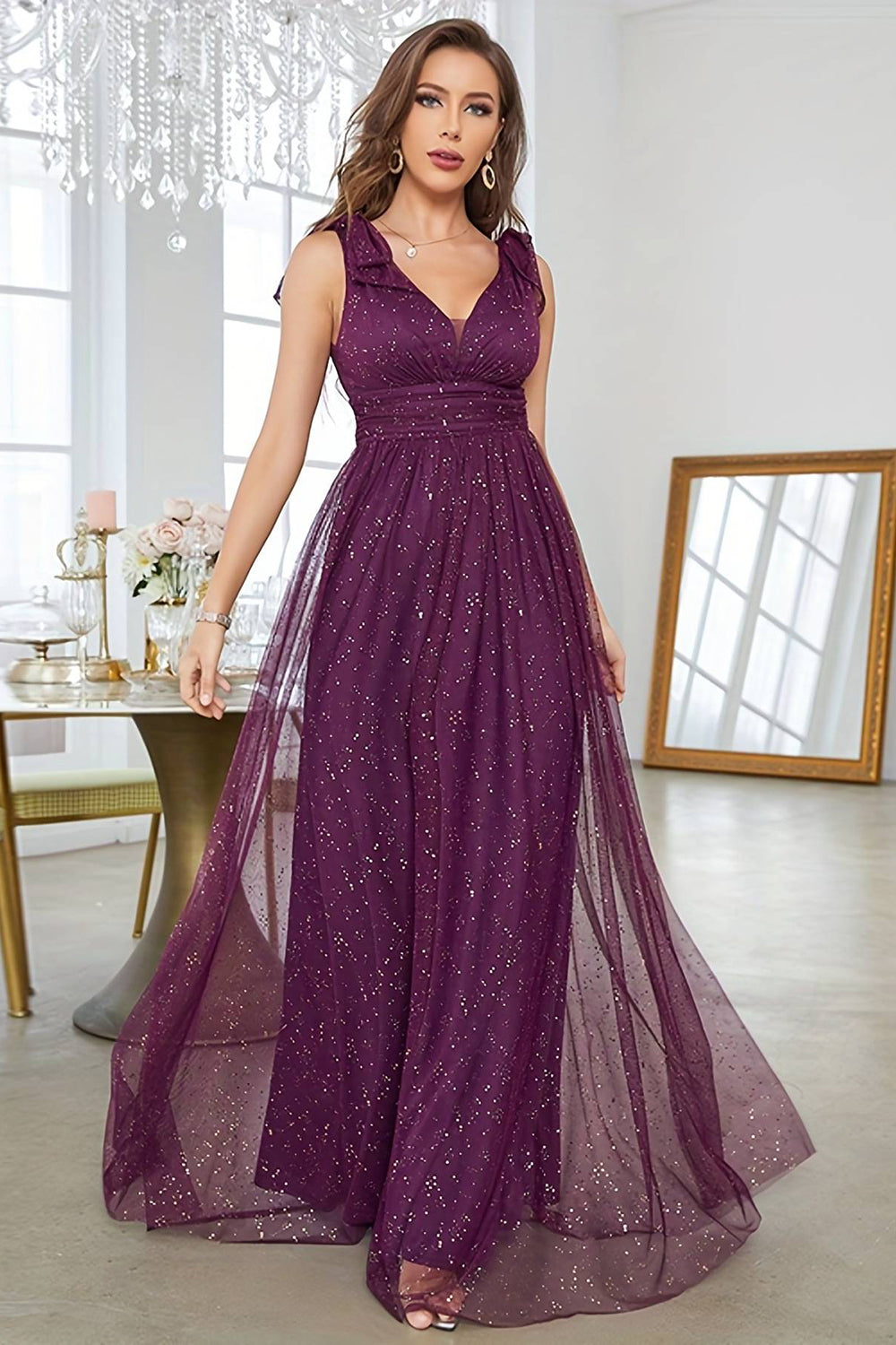 A-Line V-Neck Sequins Purple Prom Dress With Sleeveless