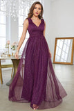 A-Line V-Neck Sequins Purple Prom Dress With Sleeveless