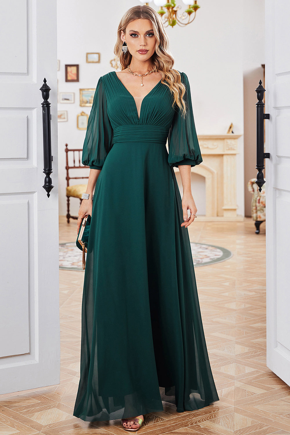 A-Line Dark Green V-Neck Chiffon Long Prom Dress