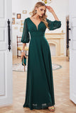 A-Line Dark Green V-Neck Chiffon Long Prom Dress