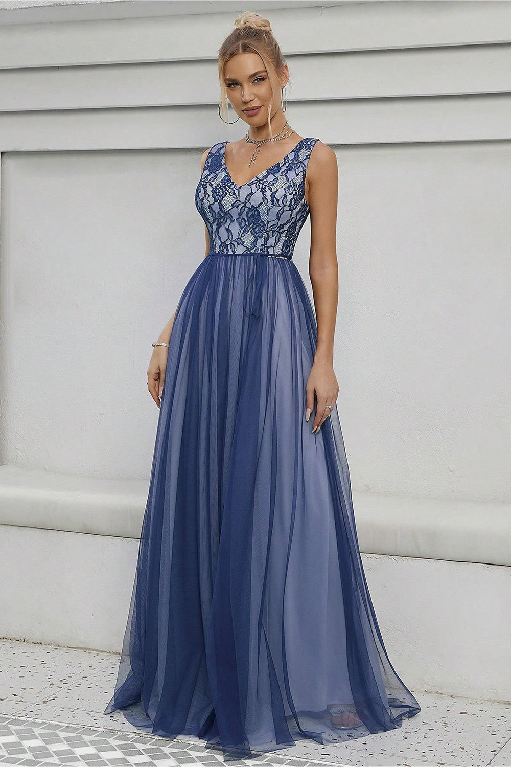 Blue A-Line V-Neck Long Prom Dress