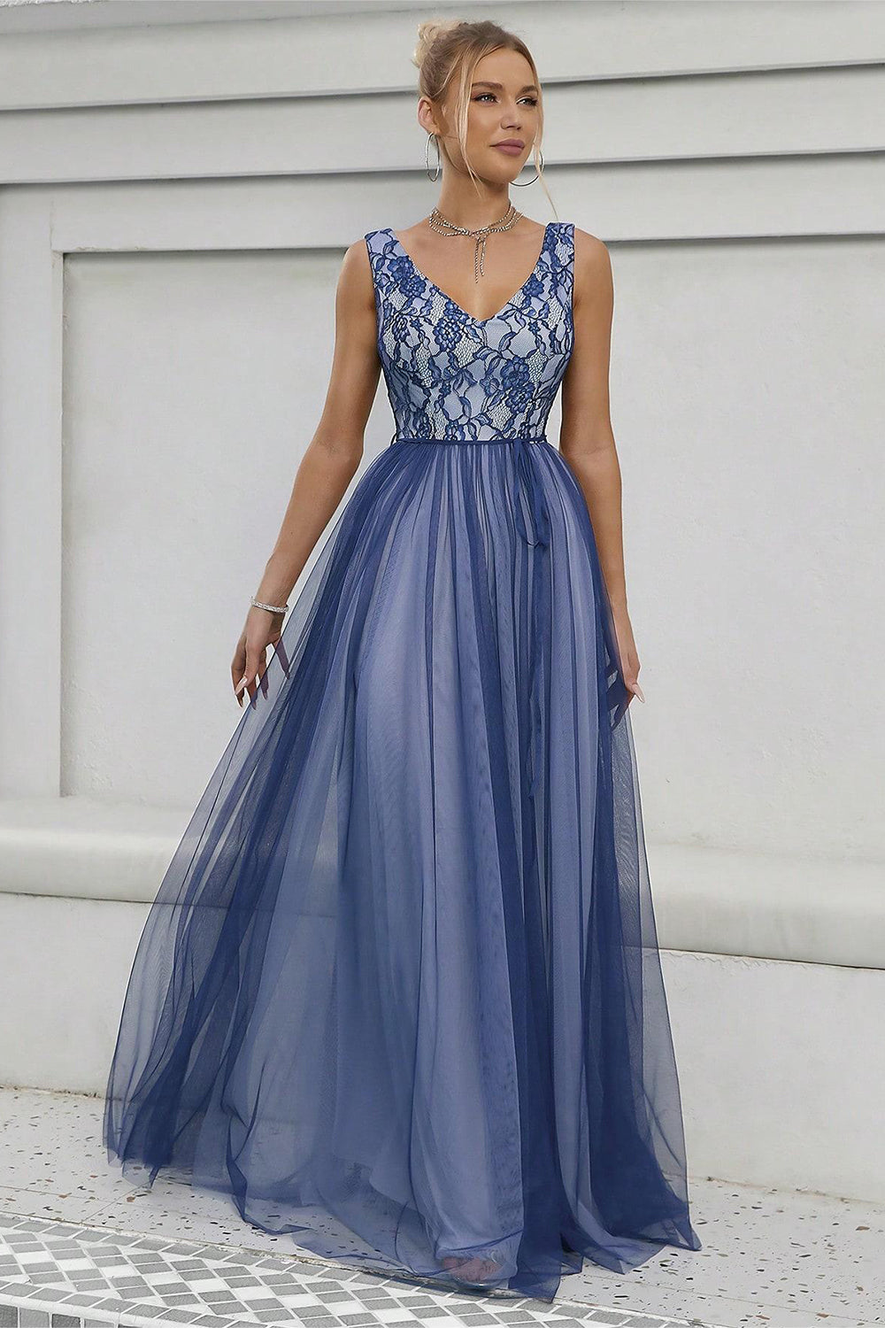 Blue A-Line V-Neck Long Prom Dress