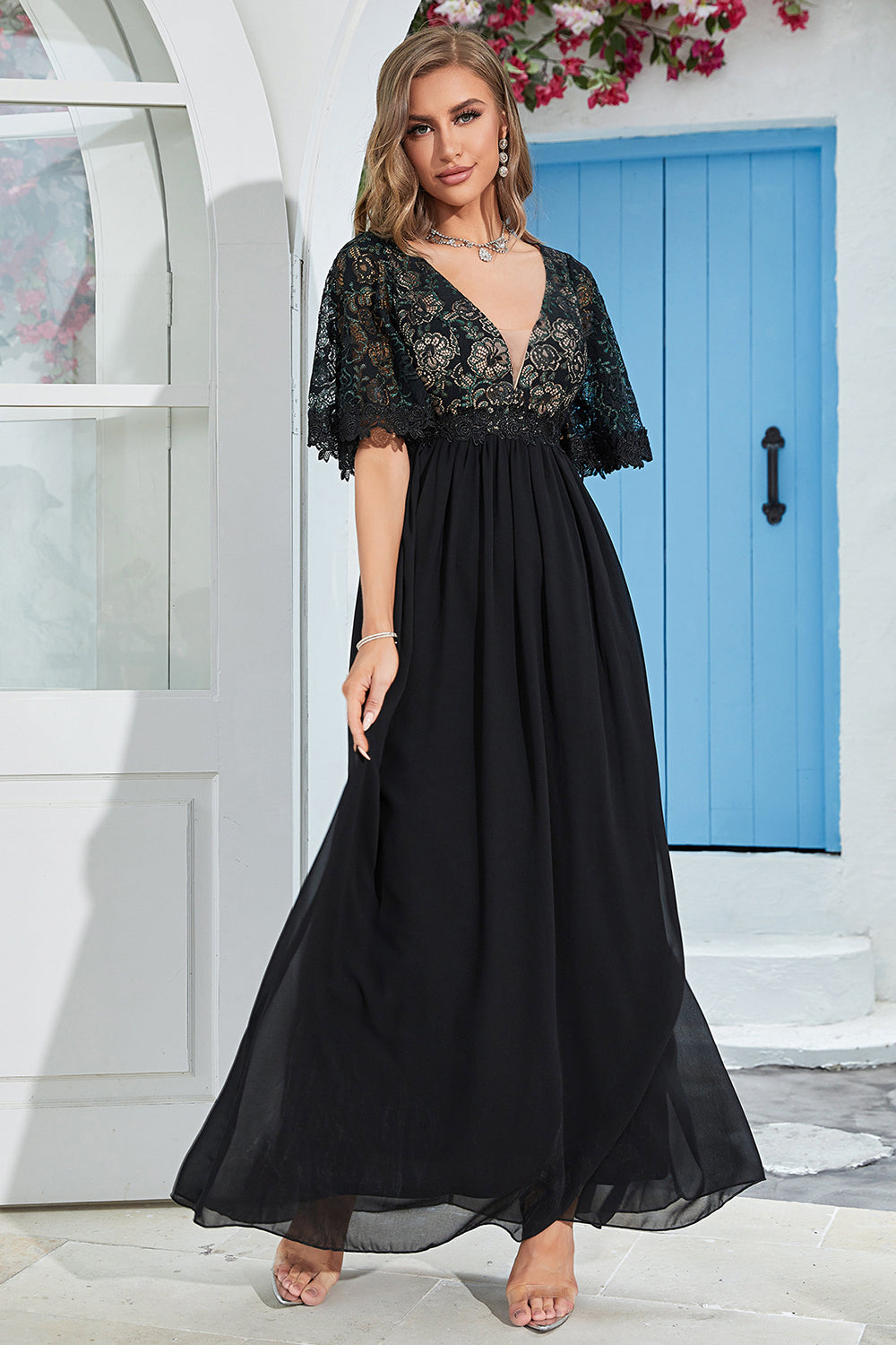 Black A Line Lace Formal Dress with Short Sleeves