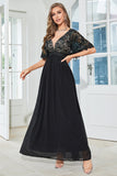 Black A Line Lace Formal Dress with Short Sleeves
