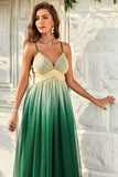 Green Gradient Spaghetti Straps A Line Prom Dress
