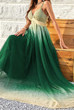 Green Gradient Spaghetti Straps A Line Prom Dress