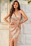Champagne Sheath Sparkly Prom Dress with Slit