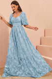 Blue A Line Prom Dress with Puff Sleeves