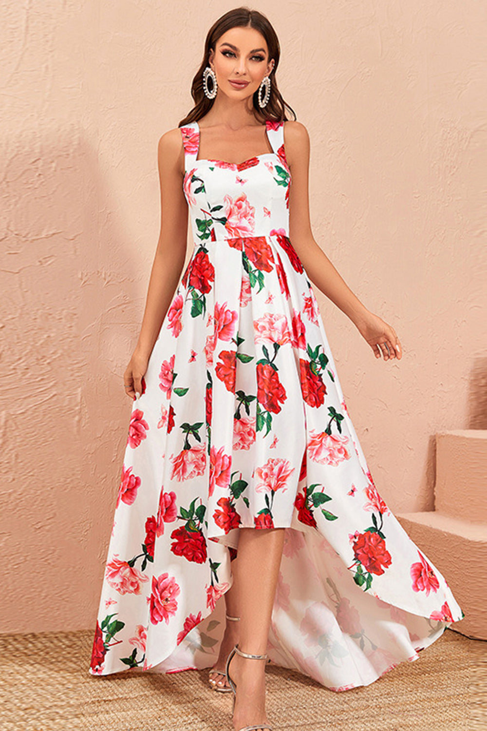 High-low White Floral Print Prom Dress with Ruffles