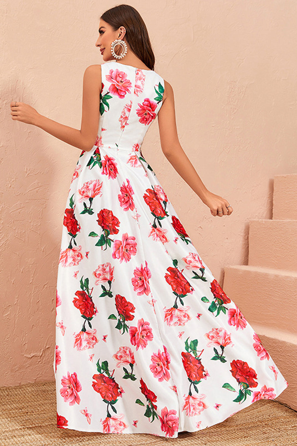 High-low White Floral Print Prom Dress with Ruffles