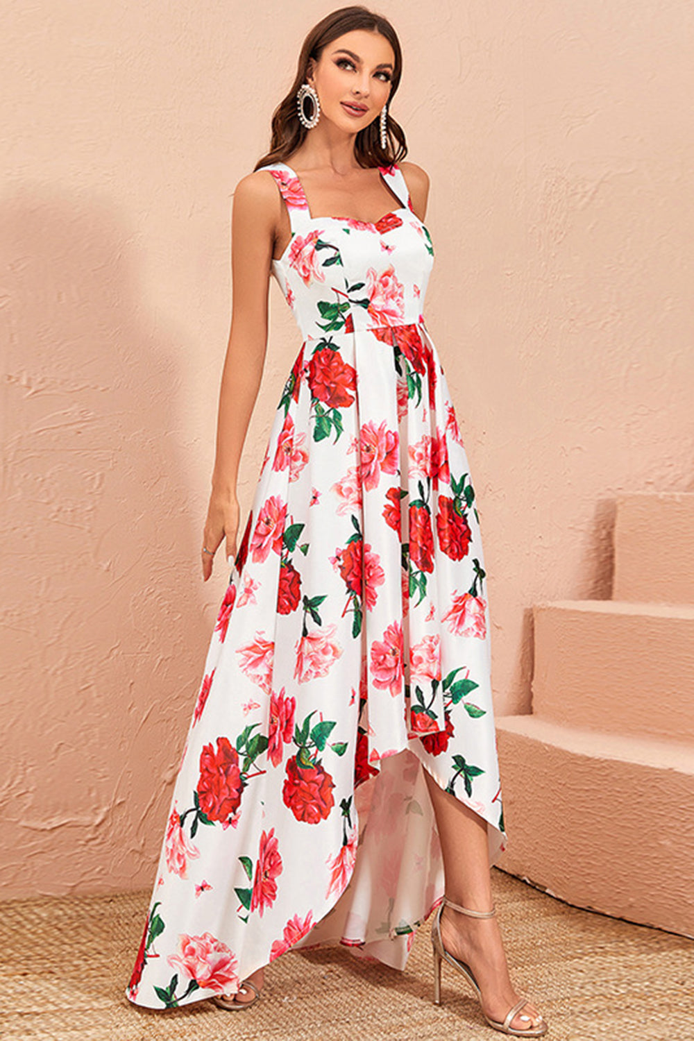 High-low White Floral Print Prom Dress with Ruffles