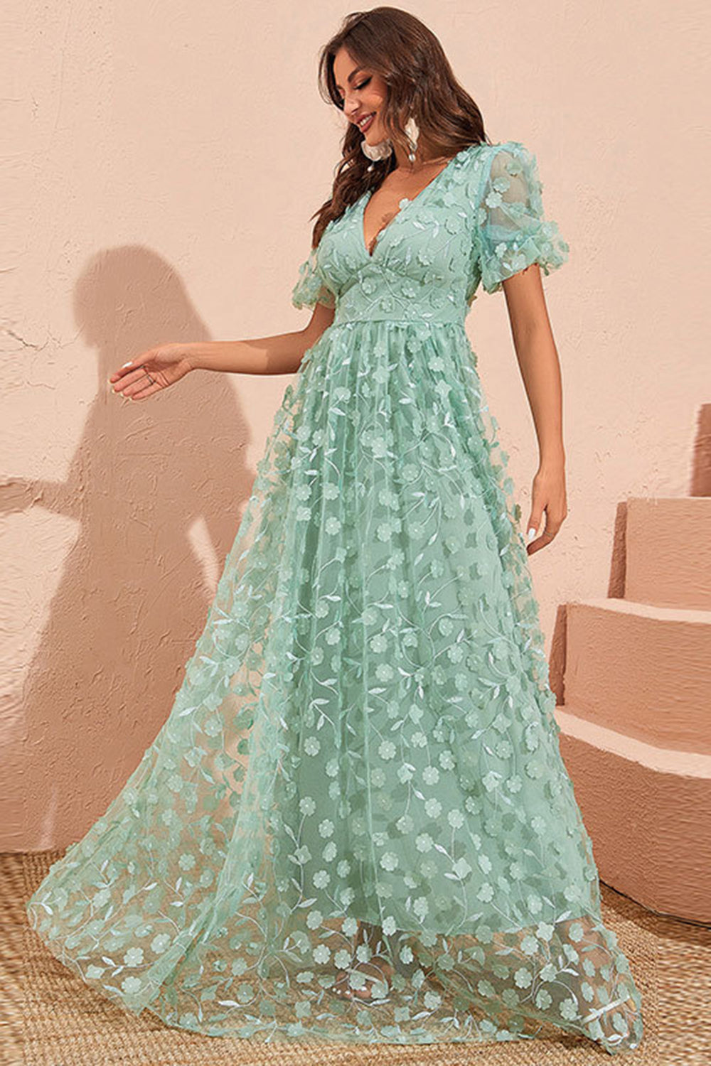 Green A Line Puff Sleeves Prom Dress with Appliques