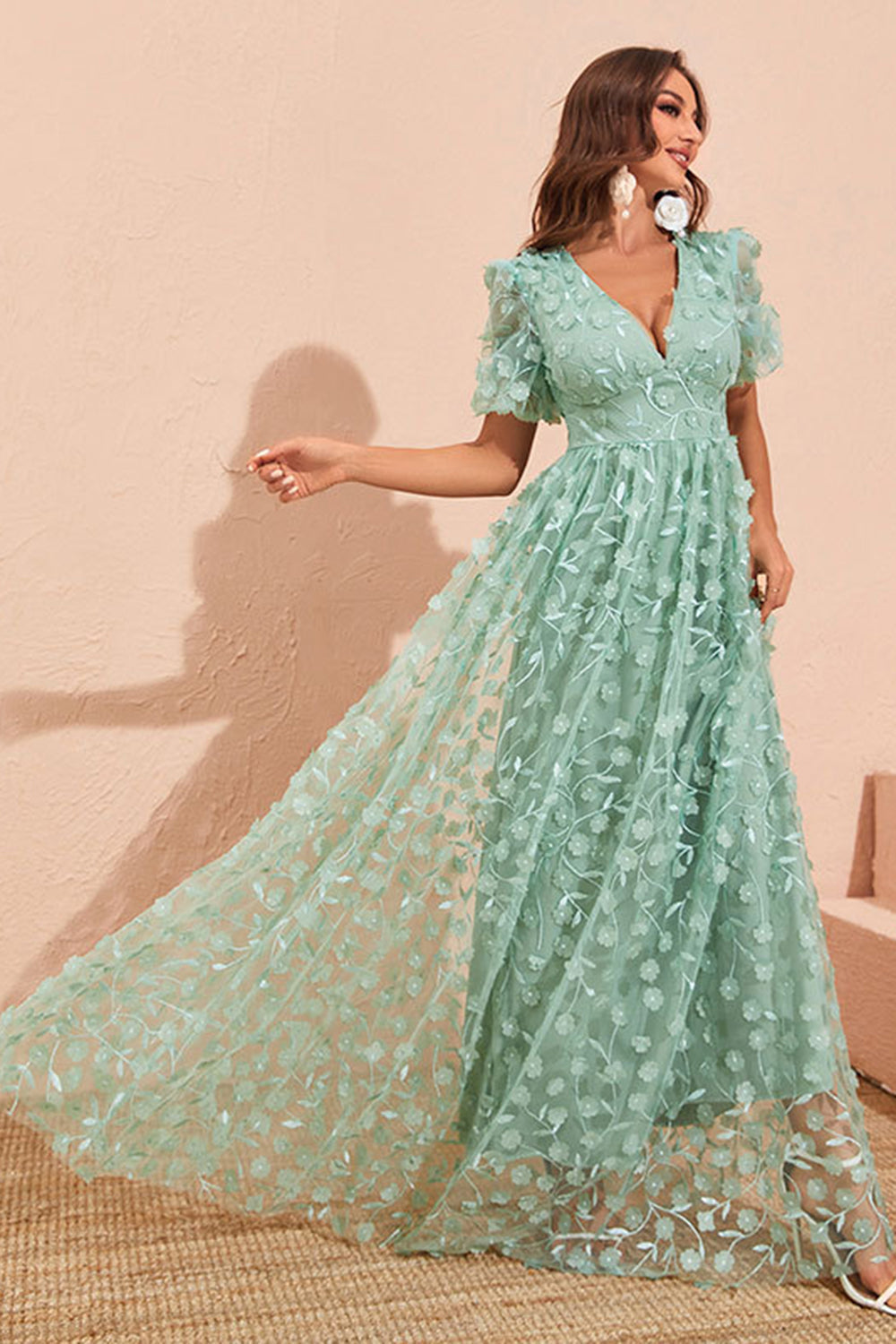 Green A Line Puff Sleeves Prom Dress with Appliques