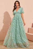Green A Line Puff Sleeves Prom Dress with Appliques