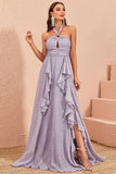 Grey Purple A-Line Embossed Evening Dress With Slit