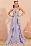 Grey Purple A-Line Embossed Evening Dress With Slit