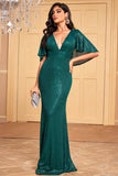 Dark Green Mermaid Deep V Neck Sequin Prom Dress With Cape Sleeves