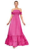 Fuchsia A-Line Off The Shoulder Pleated Evening Dress With Ruffles