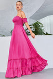 Fuchsia A-Line Off The Shoulder Pleated Evening Dress With Ruffles