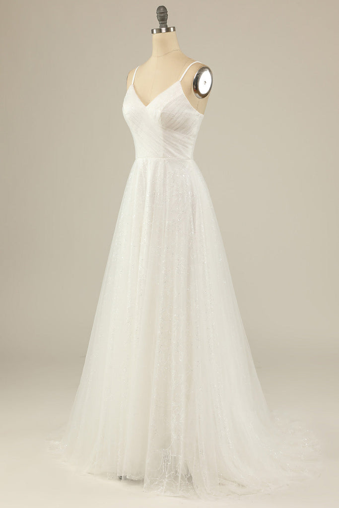 Simple A Line Spaghetti Straps White Tulle Prom Dress Evening Dresses