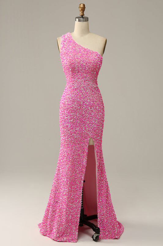 One-Shoulder Sequins Fuchsia Prom Dress with Slit