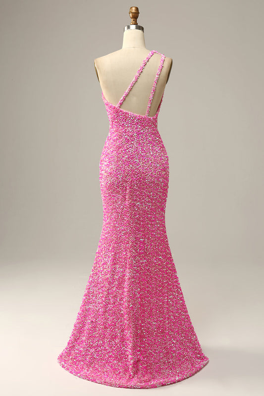 One-Shoulder Sequins Fuchsia Prom Dress with Slit