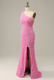 One-Shoulder Sequins Fuchsia Prom Dress with Slit