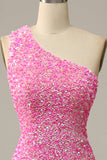 One-Shoulder Sequins Fuchsia Prom Dress with Slit