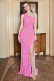 Fuchsia One-Shoulder Sequins Prom Dress with Slit