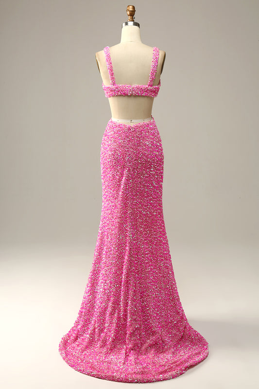 Straps Fuchsia Sequins Prom Dress