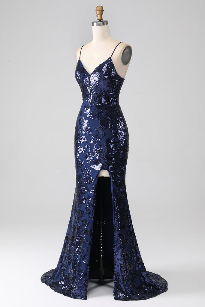 Spaghetti Straps Sequin Sexy Mermaid Side Slit Popular Cheap Prom Dresses Evening Dress  GJS739
