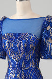 Mermaid Royal Blue Sparkly Prom Dress with Short Sleeves