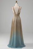 Glitter V-Neck Golden Prom Dress with Slit