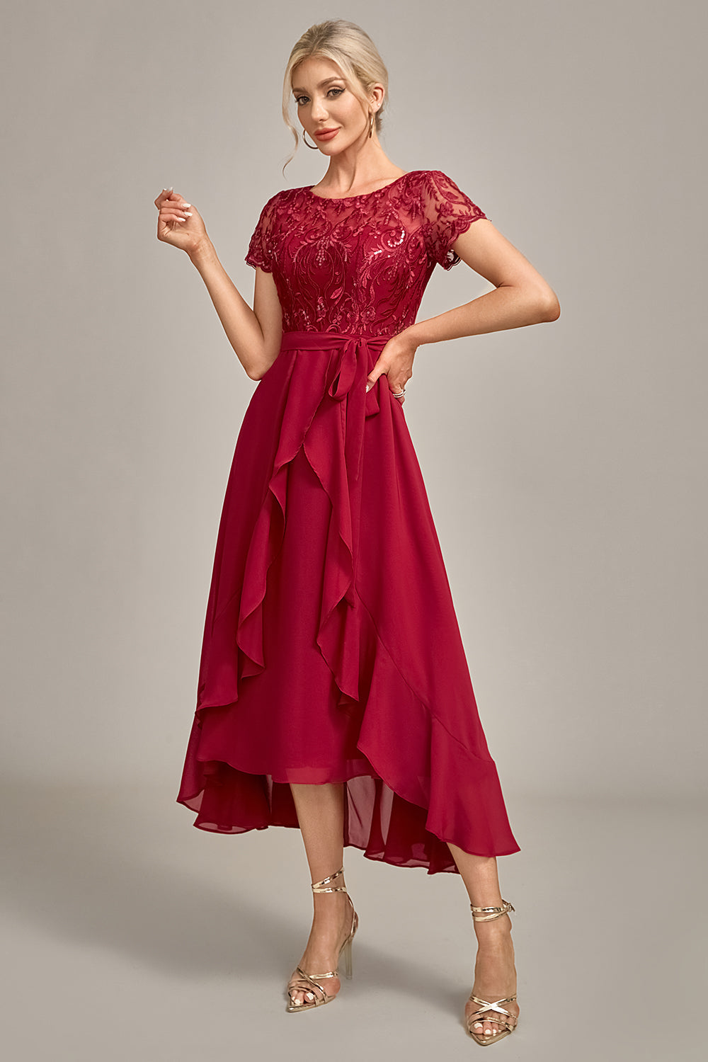 Zapakasa Women Sparkly Burgundy Asymmetrical Sequin Mother of Bride Dress with Appliques Zapakasa Women Sparkly Burgundy Asymmetrical Sequin Mother of Bride Dress with Appliques