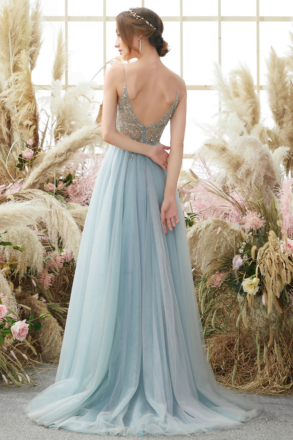 Zapakasa Women Tulle Light Blue Prom Dress A-Line Spaghetti Straps Party Dress With Open Back Zapakasa Women Tulle Light Blue Prom Dress A-Line Spaghetti Straps Party Dress With Open Back